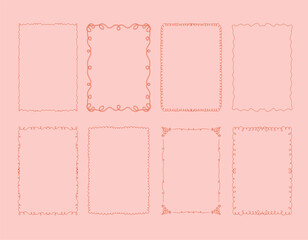 Collection of eight decorative whimsical frames in coquette style on a light pink background. A4 card size. Vector hand drawn graphic set