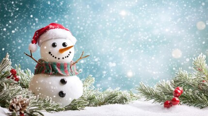 Happy snowman standing in christmas landscape. Snow background with copy space