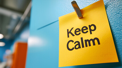 A colorful sticky note on a blue wall, featuring the motivational phrase 'Keep Calm' for a cheerful workspace.