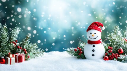 Fototapeta premium Happy snowman standing in christmas landscape. Snow background with copy space