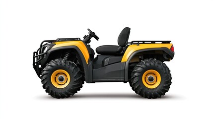 Naklejka premium New yellow and black all-terrain vehicle showcased against a white background