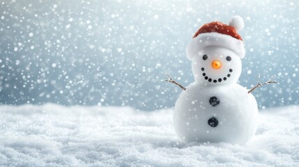 Fototapeta premium Happy snowman standing in christmas landscape. Snow background with copy space