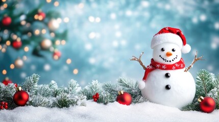 Happy snowman standing in christmas landscape. Snow background with copy space