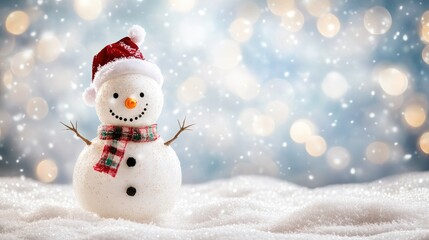 Fototapeta premium Happy snowman standing in christmas landscape. Snow background with copy space