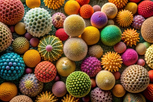 Vibrant microscopic image of assorted orchid pollen grains displaying disparate sizes, shapes, and intricate surface textures, revealing nature's minute yet magnificent architectural diversity.