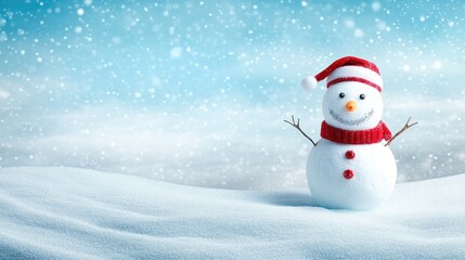 Happy snowman standing in christmas landscape. Snow background with copy space
