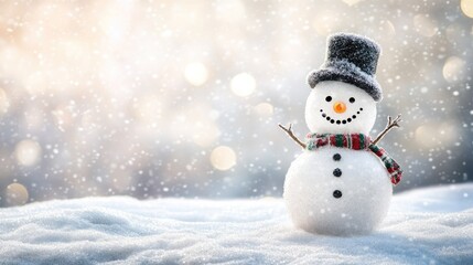 Fototapeta premium Happy snowman standing in christmas landscape. Snow background with copy space