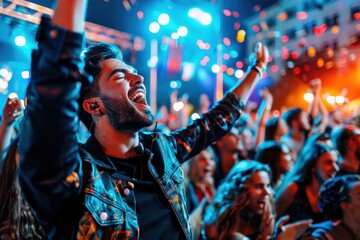 A lively concert scene featuring a cheering crowd immersed in vibrant lights, capturing the excitement and energy of the live music performance.