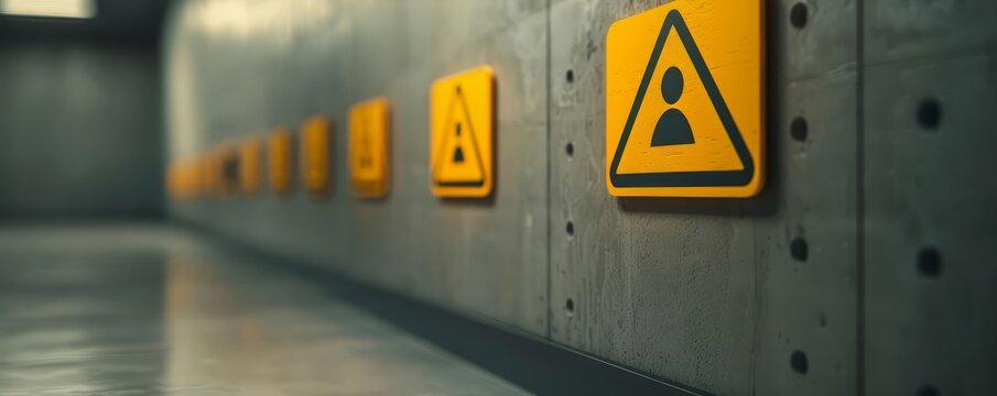 A close-up of yellow warning signs on a concrete wall, indicating potential hazards and safety instructions in an industrial setting.
