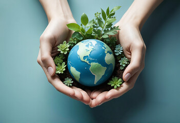Hands holding a small earth covered in green foliage, symbolizing environmental conservation and the importance of nature