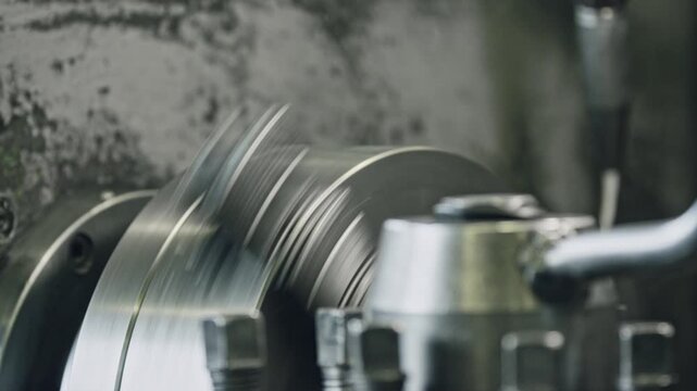 Close-up of a cnc lathe cutting metal workpiece, showcasing precision machining and industrial tool operation. Ideal for showcasing manufacturing processes