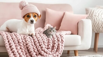 A cozy jack russell dog and cat snuggle under a blanket wearing hats in a pastel-themed home