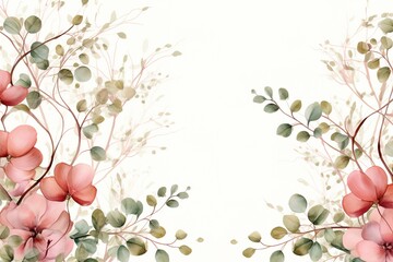 Watercolor floral frame with pink flowers and green leaves on white background.