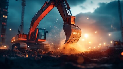 An excavator working on a construction site, surrounded by piles of dirt and construction equipment. 