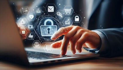 Worker using laptop and clicking on virtual holographic network security icon. Disable cloud security. generative AI
