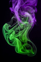 Obraz premium Abstract colorful smoke art in purple and green hues on a dark background.