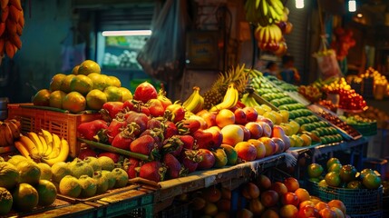 A vibrant fruit market with fresh, ripe fruits displayed attractively.