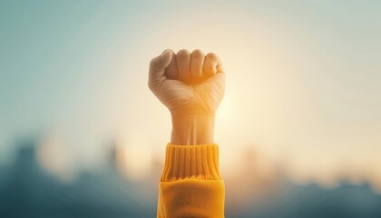 A raised fist symbolizes strength and unity against a glowing sunset background, representing hope and resilience.