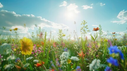 Obraz premium A vibrant meadow with colorful wildflowers under a sunny sky.