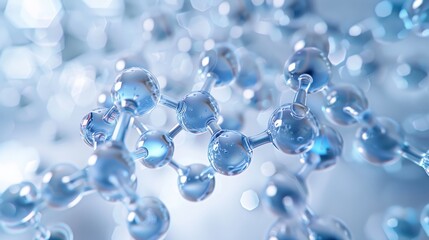 Close-up of a molecular structure with shiny, transparent atoms and bonds, highlighting scientific and chemical research concepts.