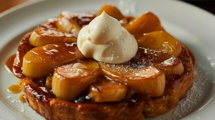 Delicious caramelized banana tarte tatin topped with a dollop of whipped cream on a white plate, perfect for dessert lovers.