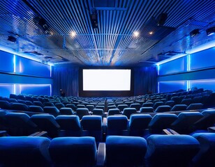 Futuristic cinema with blue lighting and large screen