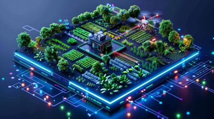 Fototapeta premium Futuristic digital farm with smart technology integration, showcasing modern agriculture, lush greenery, and advanced tech interface.