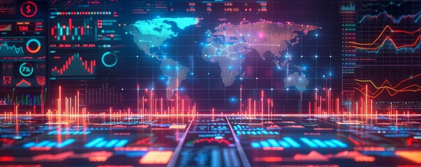 Futuristic digital interface with global data analytics and financial statistics displayed in vibrant neon colors.