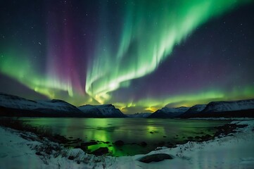 Northern panorama view of aurora in sky night full of beauties, combination of purple and green colors aurora borealis in unique landscape