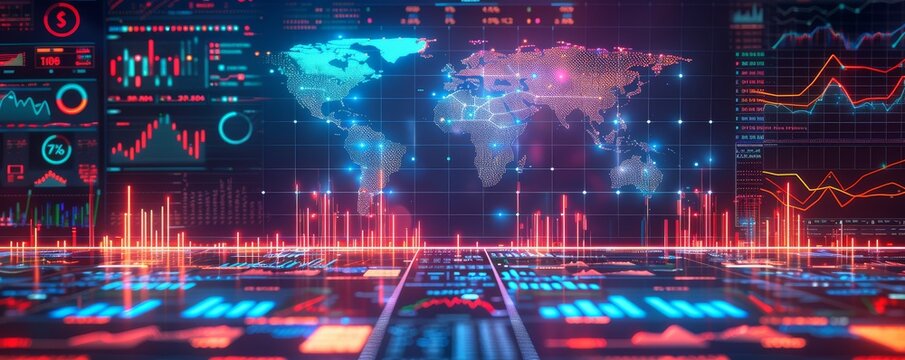 Futuristic digital interface with global data analytics and financial statistics displayed in vibrant neon colors.