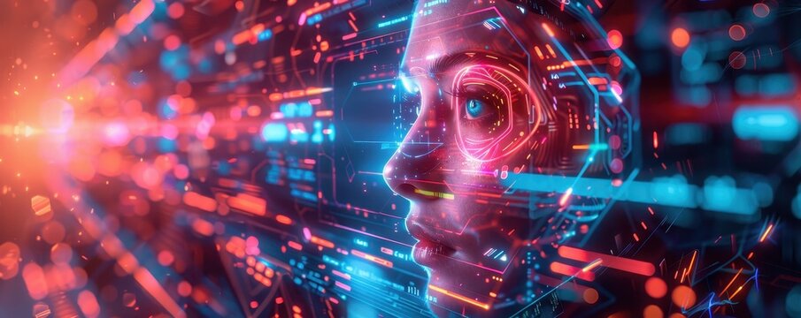 Futuristic digital interface with human face, representing AI technology, cyber world, and innovative virtual reality advances.