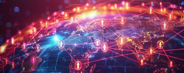 Futuristic global network abstract visualization with digital icons and glowing connections over a world map.