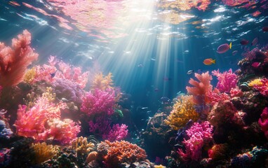 Generative AI of Radiant Coral Reef with Streaming Sunlight and Colorful Fish Concept for Underwater Ecosystem Photography, Marine Conservation, and Diving Excursions