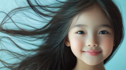 A cheerful girl captures hearts with her radiant smile and flowing hair