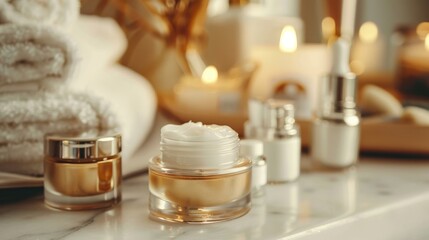 Luxurious spa setting with skincare products, candles, and soft towels, creating a serene and relaxing atmosphere for pampering and self-care.