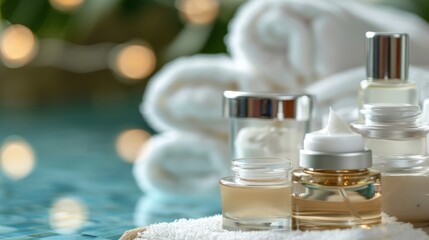 Luxury spa setting with essential oils, creams, and towels. Serene and relaxing atmosphere perfect for wellness and self-care.