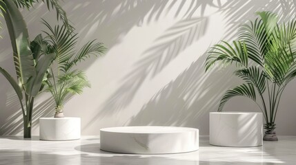 Fototapeta premium Podiums with white texture on clean backdrop showcase tropical products.