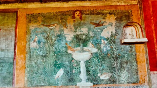 House of Venus in the Shell (Casa della Venere in Conchiglia) - Garden fresco showing lush planting in a courtyard, Pompeii, Naples, Campania, Italy