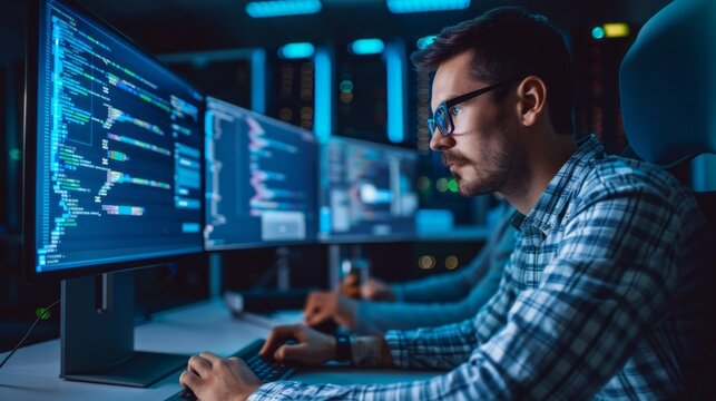 A man is working on a computer with two monitors and a keyboard