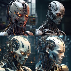 Collage of 4 detailed robotic heads with exposed wiring and glowing eyes.