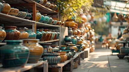 A vibrant pottery market with a variety of handcrafted ceramics.