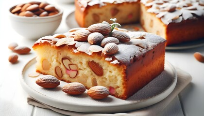 Delicious Almond Cake Slice – Close-up of Homemade Nutty Dessert with Powdered Sugar