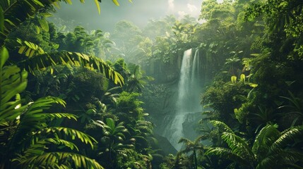 A vibrant rainforest with towering trees and a waterfall in the distance.