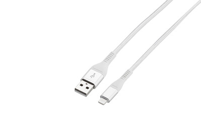 White cable for charging and synchronization with Type - C, USB, Micro USB, Lightning connectors on a white background close-up