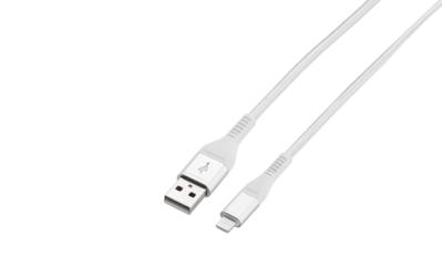 White cable for charging and synchronization with Type - C, USB, Micro USB, Lightning connectors on a white background close-up