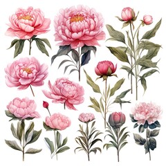 Set of pink peony flowers, buds, and leaves, isolated on white background.