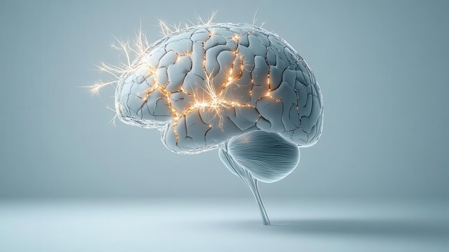 Brain with visible cracks and neural sparks, illustrating the concept of traumatic brain injury, traumatic brain injury, neurological art