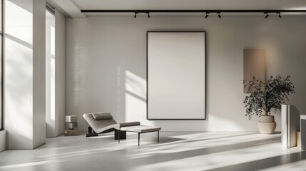 Large blank frame in a minimalist office with sleek furniture