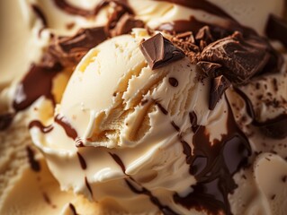Decadent Delight: Vanilla Ice Cream with Chocolate Shavings and Drizzle