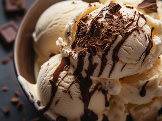 Decadent Delight: Vanilla Ice Cream with Chocolate Shavings and Drizzle